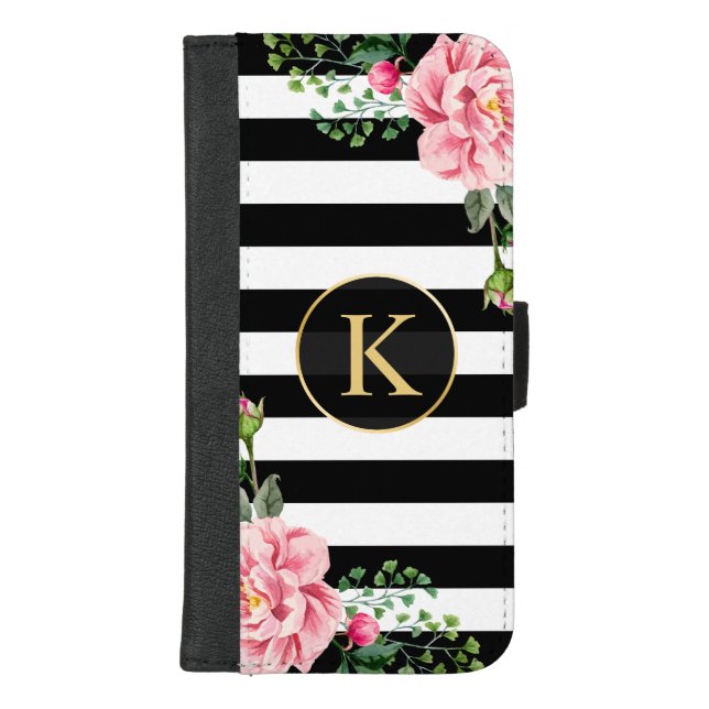 Girly Floral Monogram Black White Striped iPhone Wallet Case (Front)
