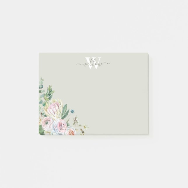 Girly Floral Monogram Greenery Notes (Front)