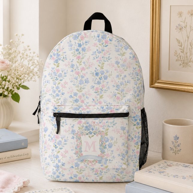 Girly Floral Monogram Printed Backpack (elegant preppy girly grandmillennial floral backpack with custom monogram initial family crest)