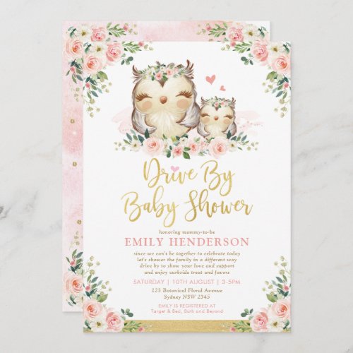 Girly Floral Owl Drive By Baby Shower Quarantine Invitation