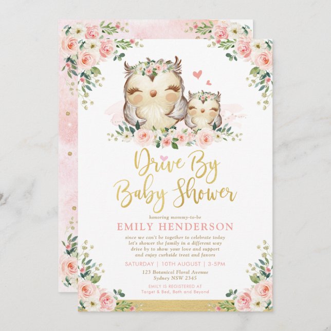 Girly Floral Owl Drive By Baby Shower Quarantine Invitation (Front/Back)