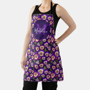 Girly Floral Pansies Pattern Purple Monogram Apron