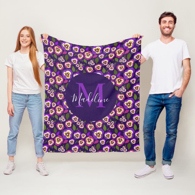 Girly Floral Pansies Pattern Purple Monogram Fleece Blanket (In Situ)