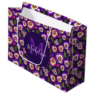 Girly Floral Pansies Pattern Purple Monogram Large Gift Bag