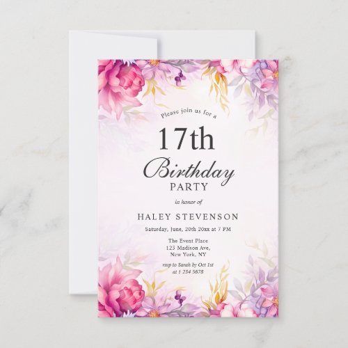 Girly Floral Pastel Watercolor Chic 17th Birthday Invitation