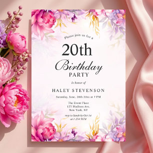 Girly Floral Pastel Watercolor Chic 20th Birthday Invitation