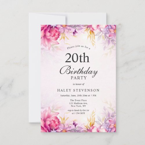 Girly Floral Pastel Watercolor Chic 20th Birthday