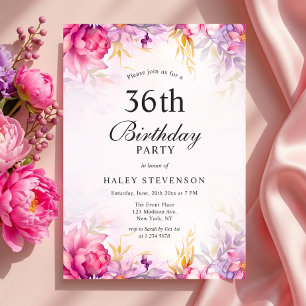 Girly Floral Pastel Watercolor Chic 36th Birthday Invitation