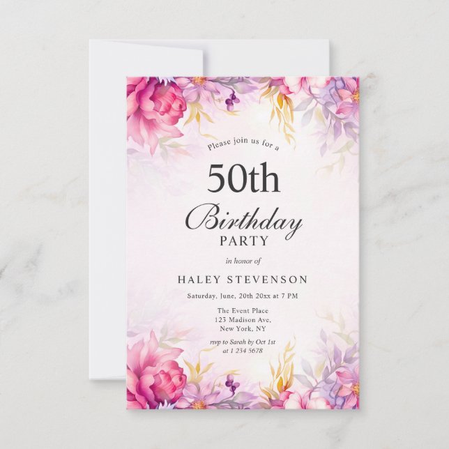 Girly Floral Pastel Watercolor Chic 50th Birthday Invitation (Front)