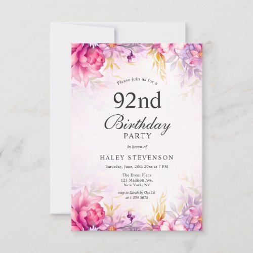 Girly Floral Pastel Watercolor Chic 92nd Birthday Invitation