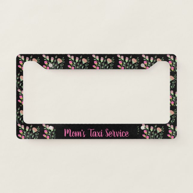 Girly Floral Patterned Pink and Black License Plate Frame (Front)