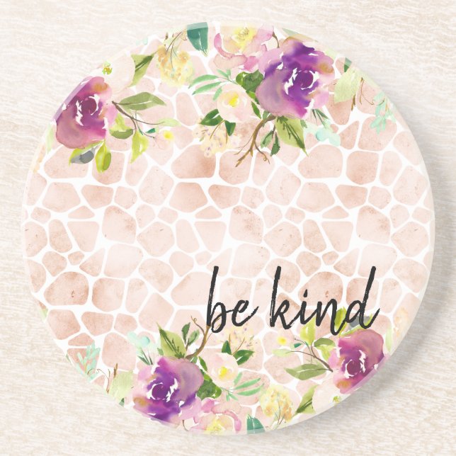 Girly Floral Peach Giraffe Print Watercolor Coaster (Front)