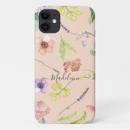 Girly Floral Peach Pretty Boho Pink Watercolor iPhone 11 Case