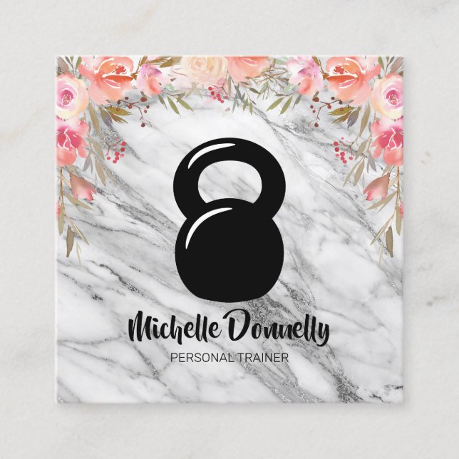 Girly Floral Personal Trainer Square Business Card (Front)
