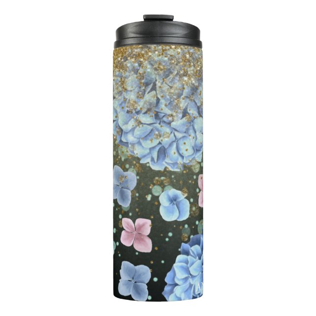*~* Girly Floral Pink Blue Hydrangea Glitter Thermal Tumbler (Front)