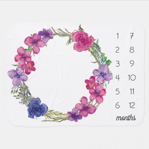 Girly Floral Pink Blue Purple Monthly Milestone Baby Blanket