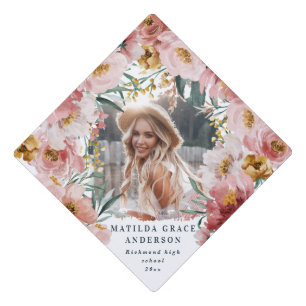Girly floral pink botanical photo graduation cap topper