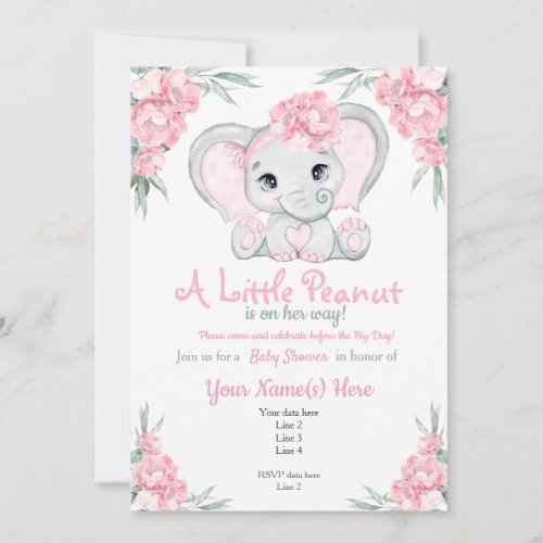 Girly Floral Pink Elephant Baby Shower Invitation