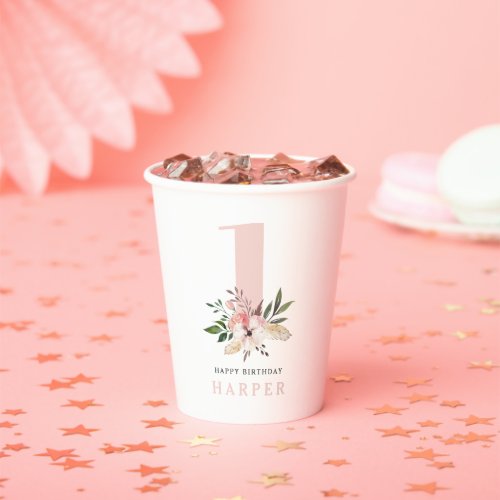 girly floral pink first birthday party paper cups