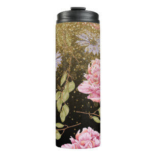 *~* Girly Floral Pink Roses Blue Daisy Glitter  Thermal Tumbler