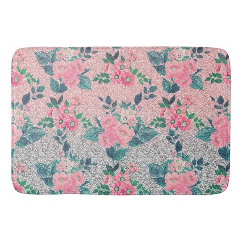Girly Floral  Pink Silver Ombre Glitter Design Bath Mat
