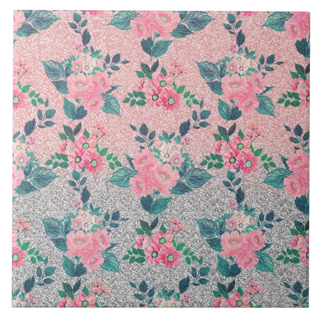 Girly Floral & Pink Silver Ombre Glitter Design Ceramic Tile (Front)