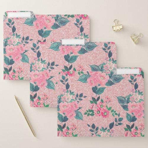Girly Floral  Pink Silver Ombre Glitter Design File Folder