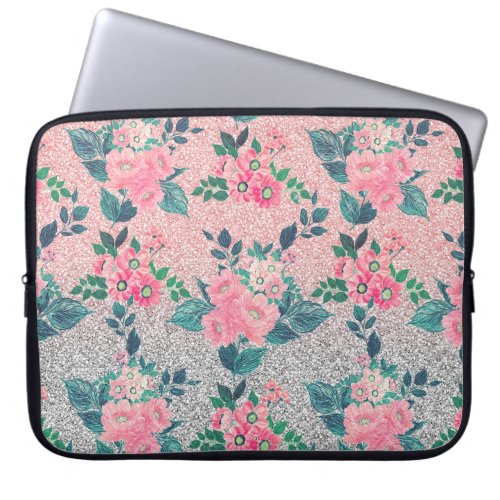 Girly Floral  Pink Silver Ombre Glitter Design Laptop Sleeve