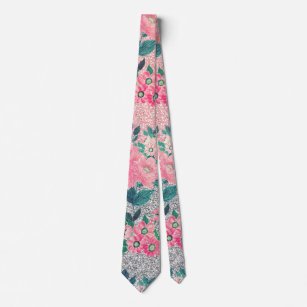Girly Floral & Pink Silver Ombre Glitter Design Neck Tie