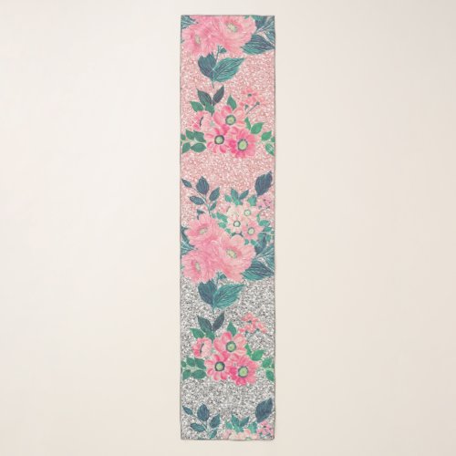 Girly Floral  Pink Silver Ombre Glitter Design Scarf