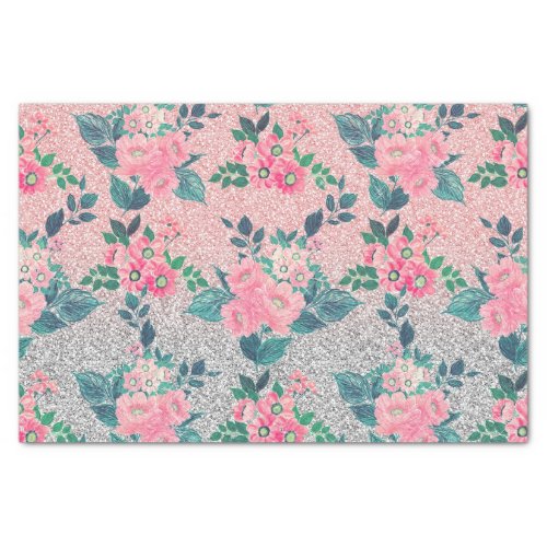 Girly Floral  Pink Silver Ombre Glitter Design Tissue Paper