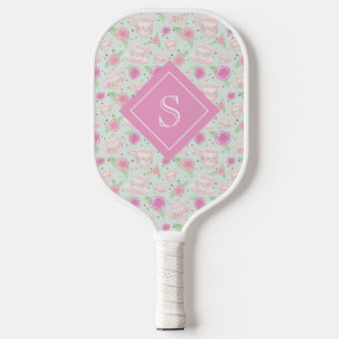 Girly Floral Pink Tea Cups Pattern Personalized Pickleball Paddle
