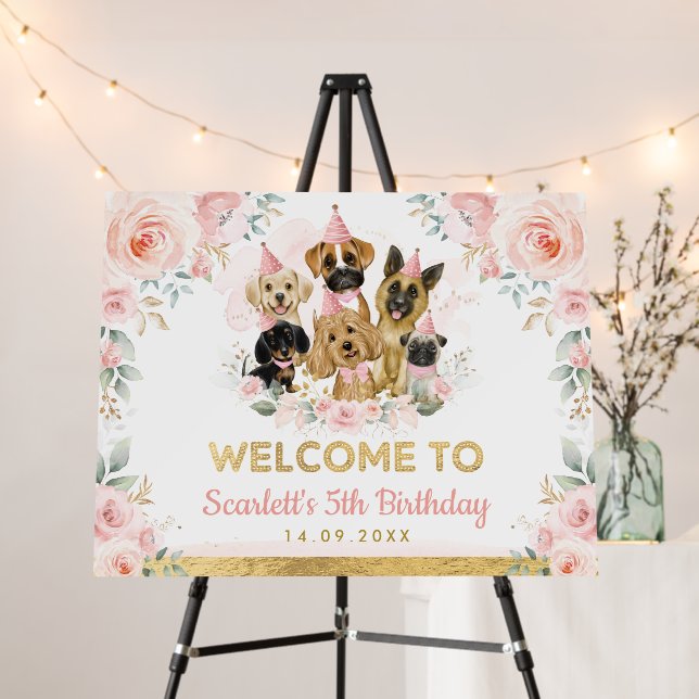 Girly Floral Puppy Dogs Birthday Party Welcome Foam Board (In Situ (Stand))