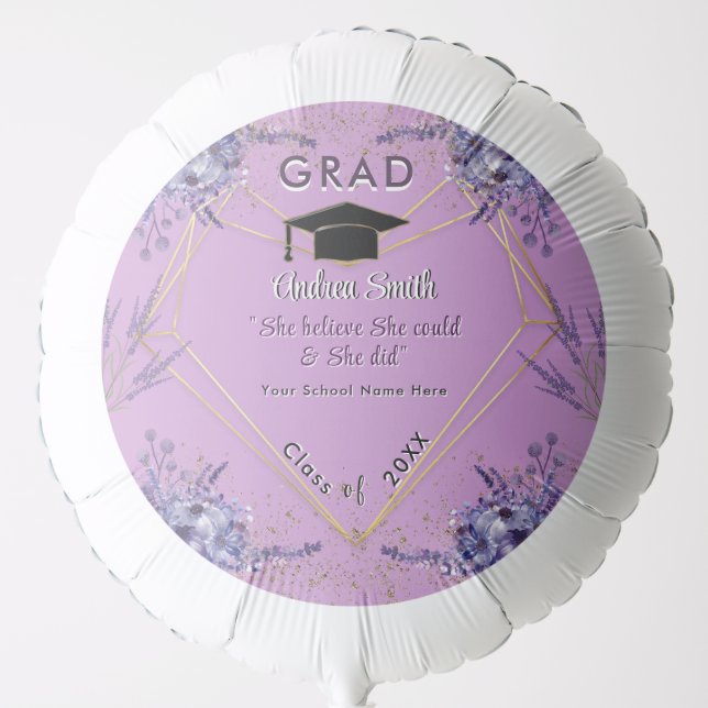 Girly Floral Purple Lavender | Gold Graduation   Balloon (Front)