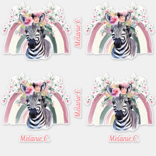 Girly Floral Rainbow & Zebra with Name Sticker