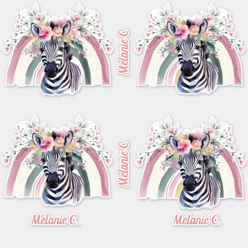 Girly Floral Rainbow  Zebra with Name Sticker
