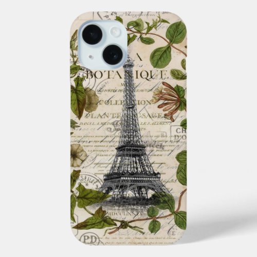 girly floral scripts vintage eiffel tower paris iPhone 15 case