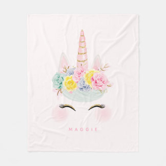 Girly Floral Unicorn Pink Gold Personalized Fleece Blanket