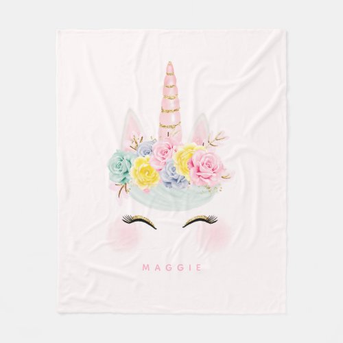 Girly Floral Unicorn Pink Gold Personalized Fleece Blanket