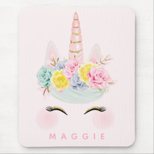 Girly Floral Unicorn Pink Gold Personalized Mouse Pad