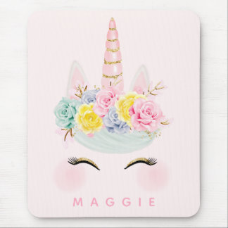 Girly Floral Unicorn Pink Gold Personalized Mouse Pad