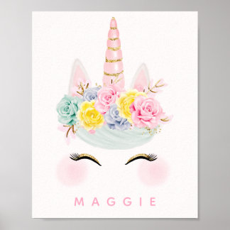 Girly Floral Unicorn Pink Gold Personalized Poster