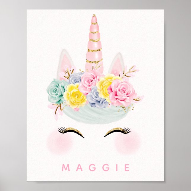 Girly Floral Unicorn Pink Gold Personalized Poster (Front)