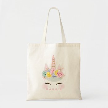 Girly Floral Unicorn Pink Gold Personalized Tote Bag by GirlyTemplate at Zazzle
