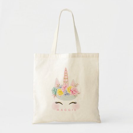 Girly Floral Unicorn Pink Gold Personalized Tote Bag