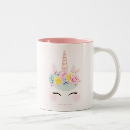 Girly Floral Unicorn Pink Gold Personalized Two-tone Coffee Mug