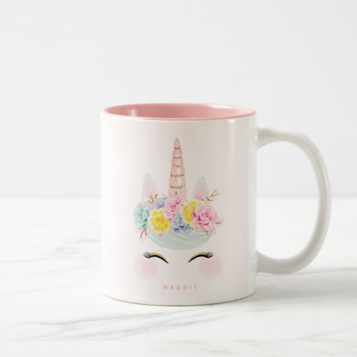 Girly Floral Unicorn Pink Gold Personalized Two_Tone Coffee Mug