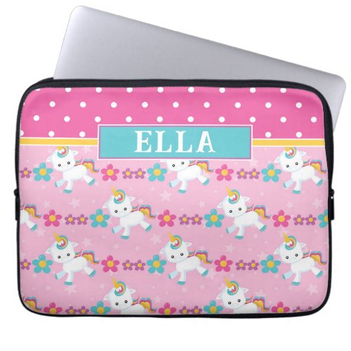 Girly Floral Unicorn Polka Dot Name Laptop Sleeve