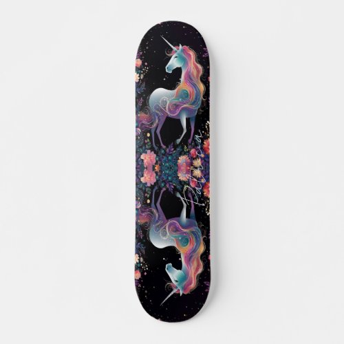 Girly Floral Unicorn Rainbow Colors Skateboard
