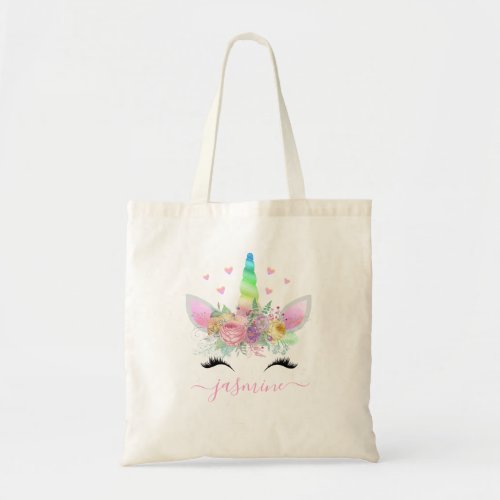 Girly Floral Unicorn Rainbow Hearts Pink Name Tote Bag